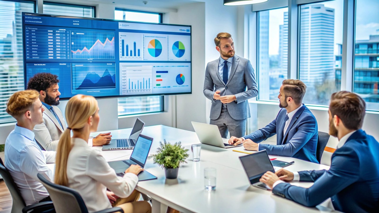 Business people in a meeting, looking at a presentation on the screen.